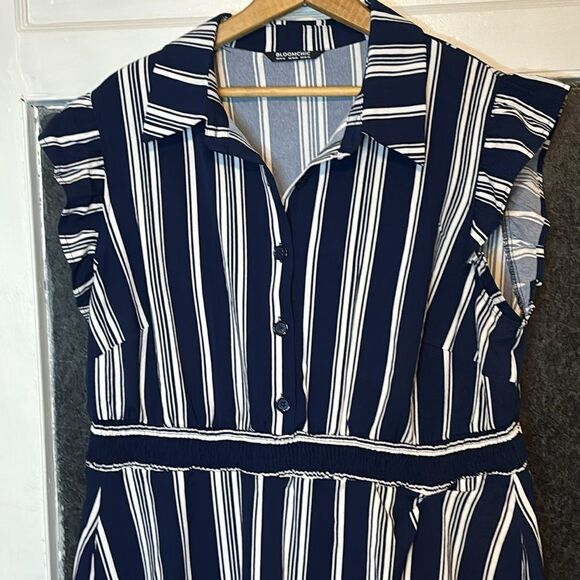 Bloomchic Women’s Navy Blue and White Striped Collared Ruffled Mini Dress 14/16 - Picture 2 of 6